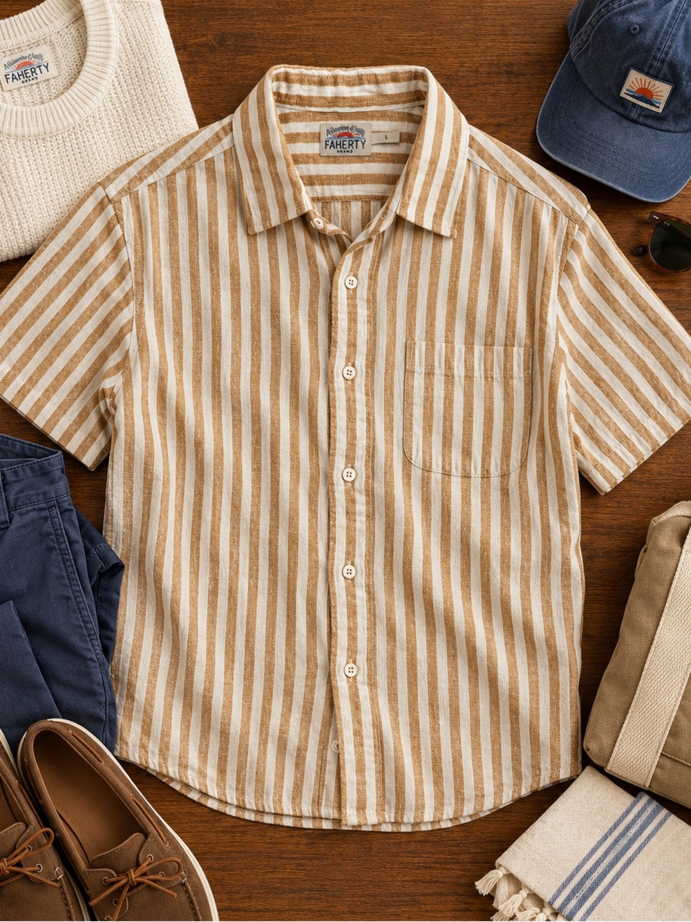 Faherty Palma 100% Linen Shirt Men’s Large Short Sleeve Yellow Striped Casual